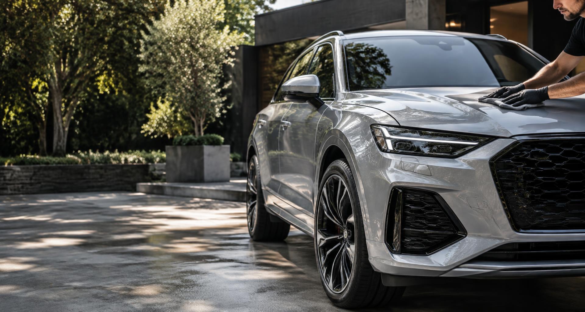 A silver SUV being professionally detailed at a customer's home